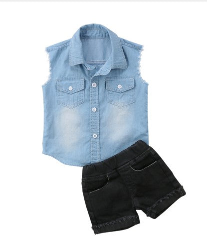 cutoff shoulder denim 2 piece set includes denim top and black shorts