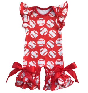 Red bell bottom romper with baseball pattern. Red ribbon is tied into a bow located at the ankle.