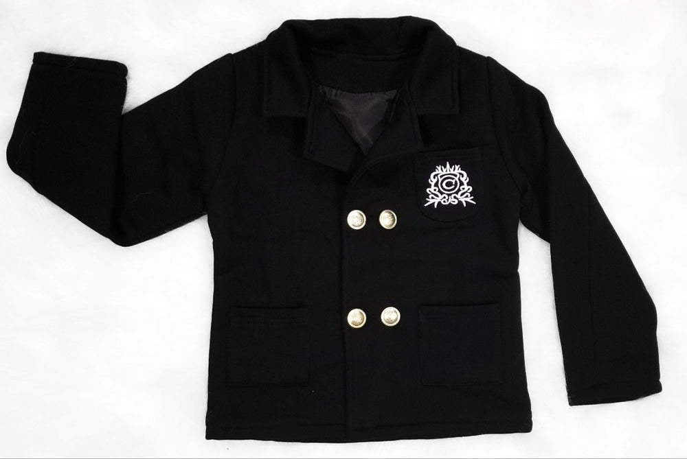 This BLACK blazer is perfect Fall gentlemen attire for you toddler boy. The collared jacket has 4 buttons lining the front and two in the back