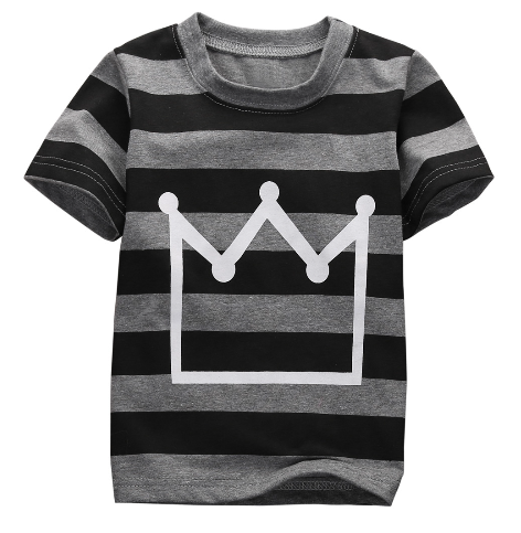 oddler boy outfit comes with a grey and black striped t-shirt, a white crown symbol on the front and black pants with faux leather lining the knees. 