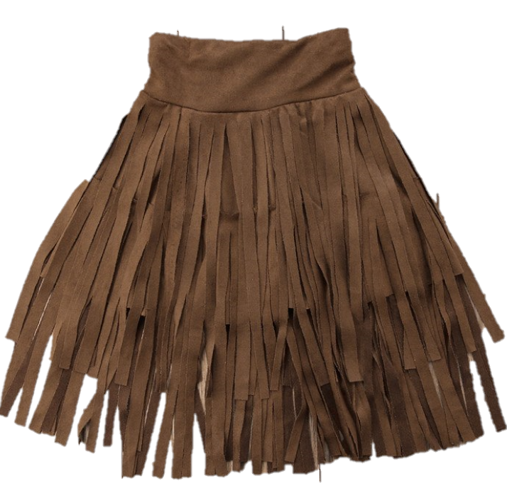 This toddler girl brown skirt is layered with suede fringe. The waist is elastic. 