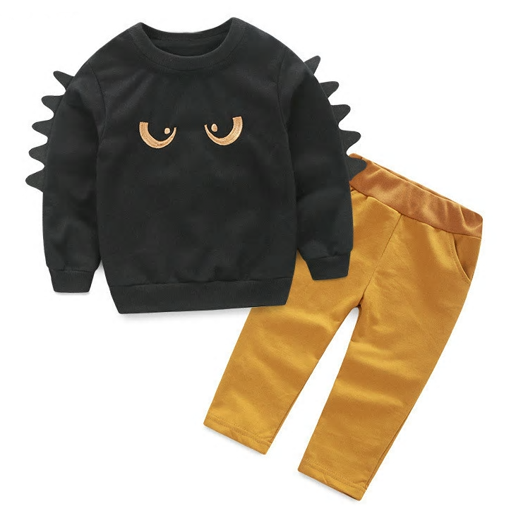 The Dragon 2 piece set is for our baby and toddler boys. This set includes a long sleeve shirt (not sweatshirt) and elastic waist pants. Perfect style for heading into the Halloween season.