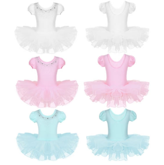 Class Dance Clothes Kids Girls Mesh Short Bubble Sleeves Sparkly Rhinestones Ballet Dance Gymnastics Leotard Tutu Dress 