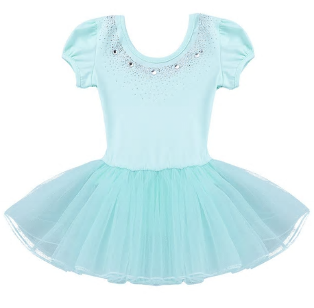 Class Dance Clothes Kids Girls Mesh Short Bubble Sleeves Sparkly Rhinestones Ballet Dance Gymnastics Leotard Tutu Dress 