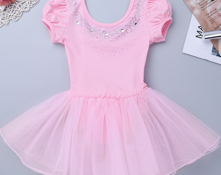 Class Dance Clothes Kids Girls Mesh Short Bubble Sleeves Sparkly Rhinestones Ballet Dance Gymnastics Leotard Tutu Dress 