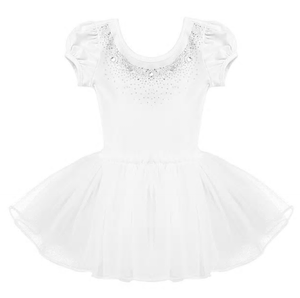 Class Dance Clothes Kids Girls Mesh Short Bubble Sleeves Sparkly Rhinestones Ballet Dance Gymnastics Leotard Tutu Dress 