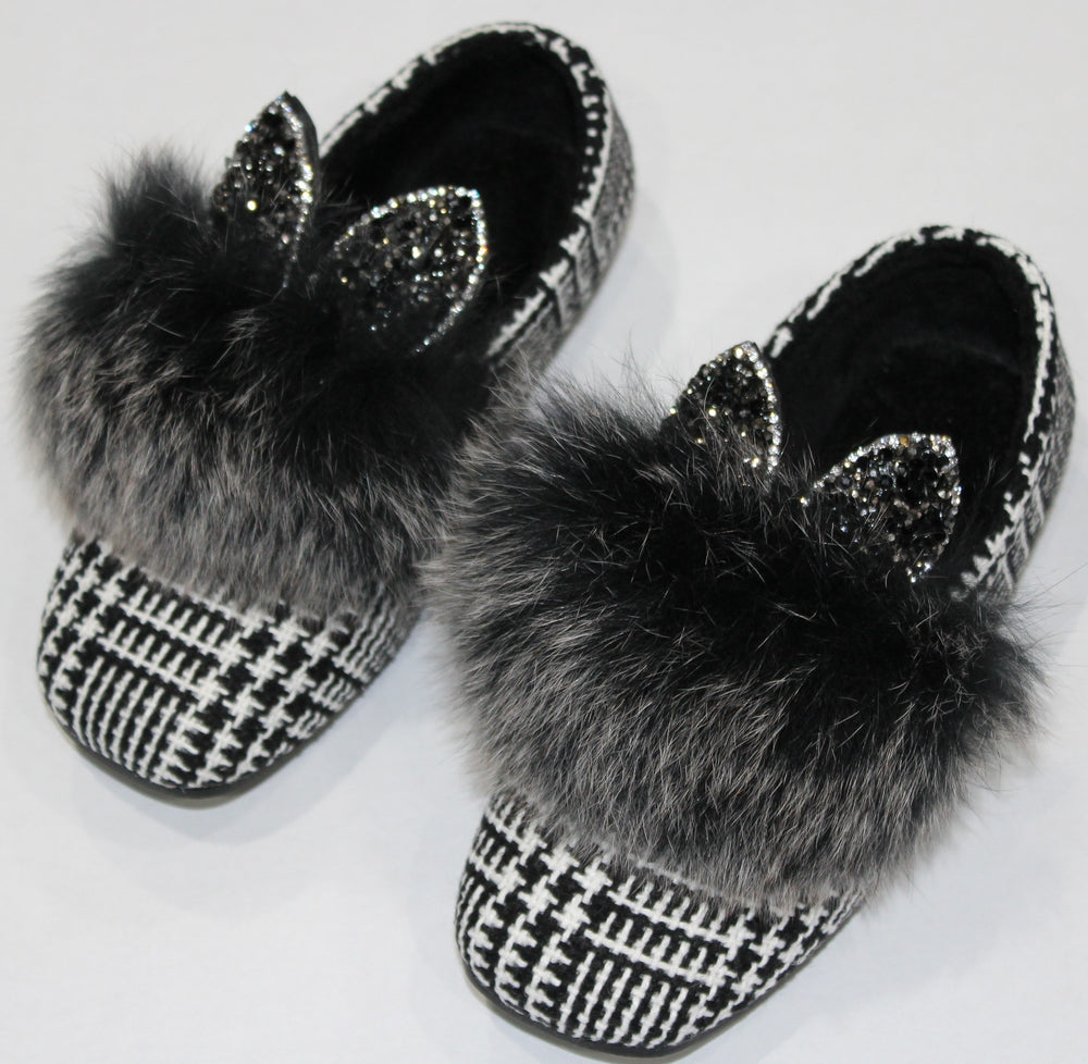 faux fur bunny ear shoes. The bunny ears are filled with black and charcoal rhinestones. 