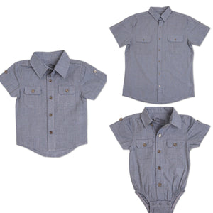 The Littlest Prince steel blue dress shirt can be worn casual with jeans or you can dress it up with one of our matching ties and bowties. This set is perfect for stylish brothers as well as for matching daddy!