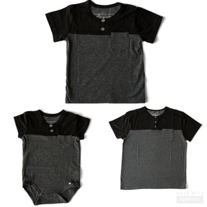 The Littlest Prince Black & Charcoal Block Henley Shirt is for the fashionable little gentleman who likes to take casual up a notch. This cool t-shirt is super comfy and can even be worn under a nice sports jacket with jeans. This set is perfect for stylish brothers as well as for matching daddy!