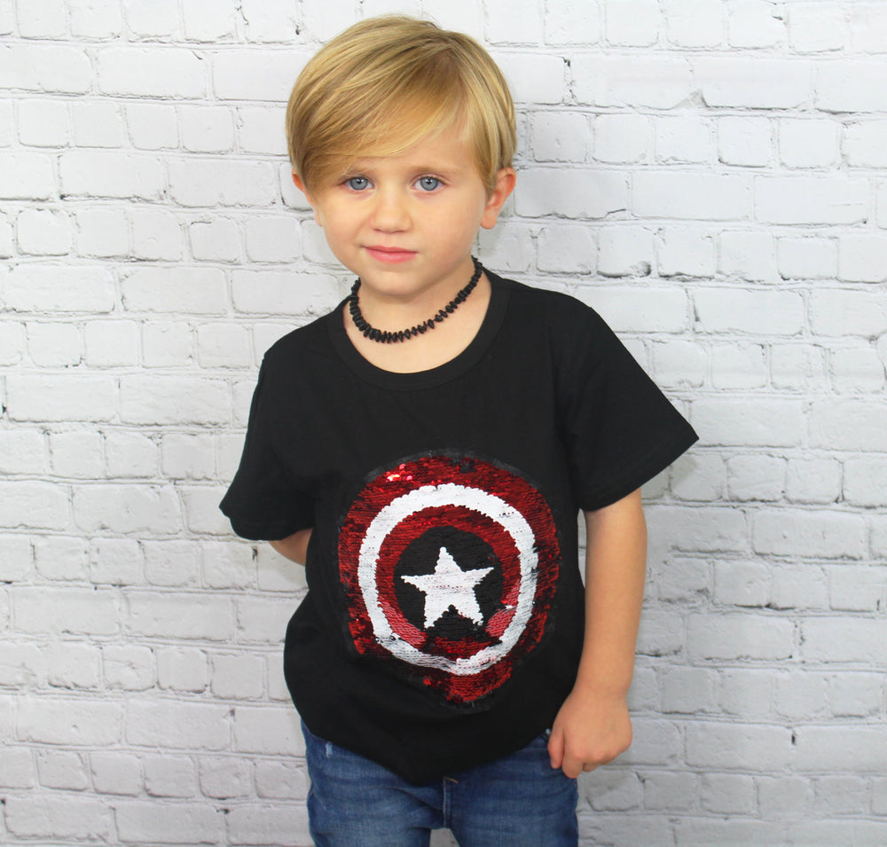 Superheroes unite! This awesome tee can be worn two ways with just the swipe of your hand. One side of sequins is Captain America and the other side is Spiderman. This shirt is so much fun to wear and looks adorable on! Calling all Superhero's - GIRLS and BOYS! 