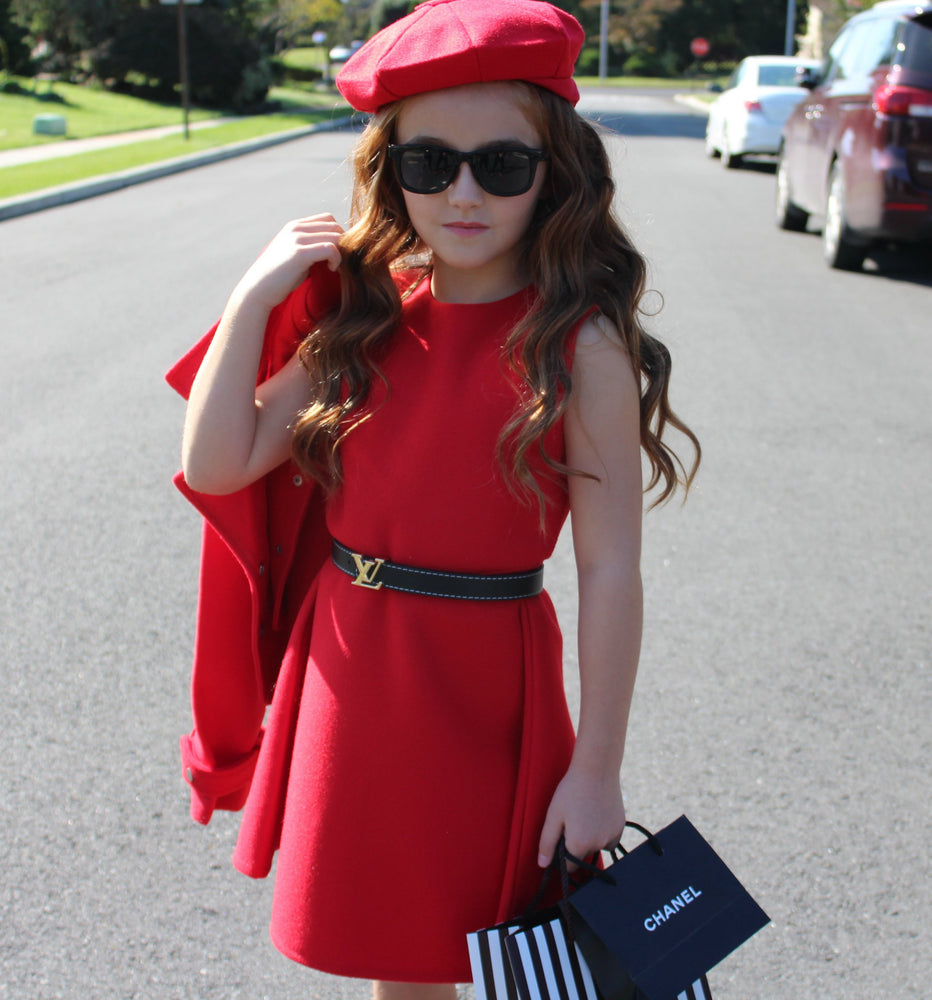 The Madeline 3 Piece set is a holiday must have! It is gorgeous. This 3 piece set comes with the sleeveless dress, collared jacket and cap. The vibrant red color will have your little diva stand out at any party she attends. Pair this with our knee high socks to complete the look. This suit is absolutely darling.