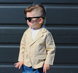 The Tucker Set is for the cool little dudes that love to make a statement. This adorable trendy little boy's outfit comes with collared shirt, jacket and jeans. 