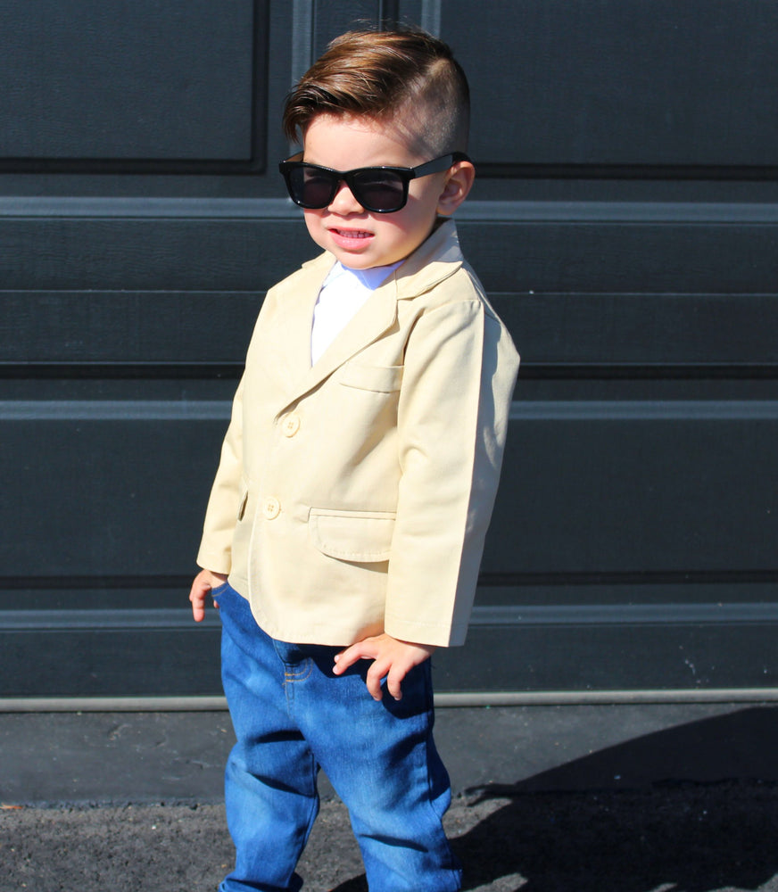 The Tucker Set is for the cool little dudes that love to make a statement. This adorable trendy little boy's outfit comes with collared shirt, jacket and jeans. 