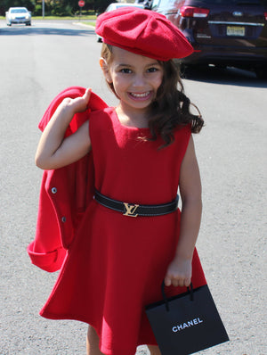 The Madeline 3 Piece set is a holiday must have! It is gorgeous. This 3 piece set comes with the sleeveless dress, collared jacket and cap. The vibrant red color will have your little diva stand out at any party she attends. Pair this with our knee high socks to complete the look. This suit is absolutely darling.