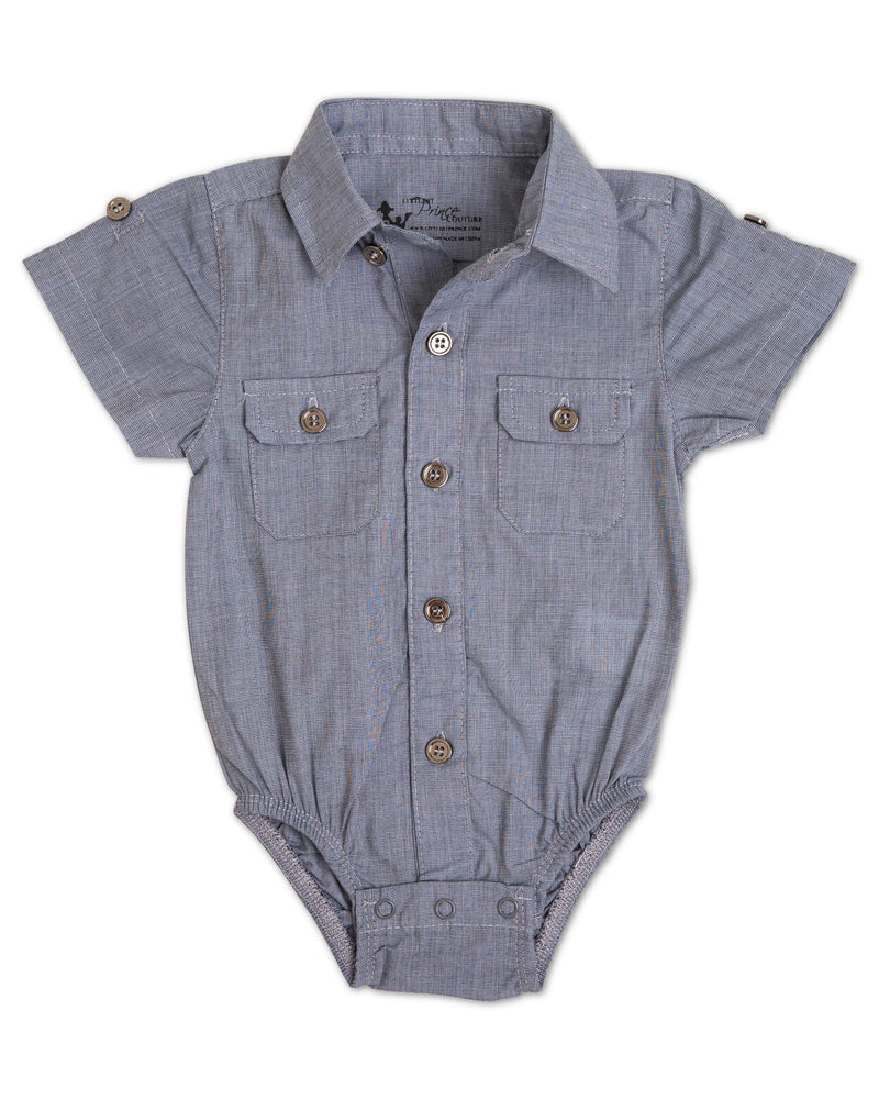 The Littlest Prince steel blue dress shirt can be worn casual with jeans or you can dress it up with one of our matching ties and bowties. This set is perfect for stylish brothers as well as for matching daddy!
