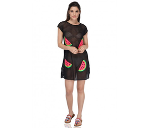 Made of ultra-soft fabric, this cover up is perfect for your next beach visit! It is embroidered with a fun watermelon design that will fit any summer day mood! Hand-wash is highly recommended for this cover up. This cover up can be stunningly paired with the Watermelon slushe flap clutch and the Mommy and me set.